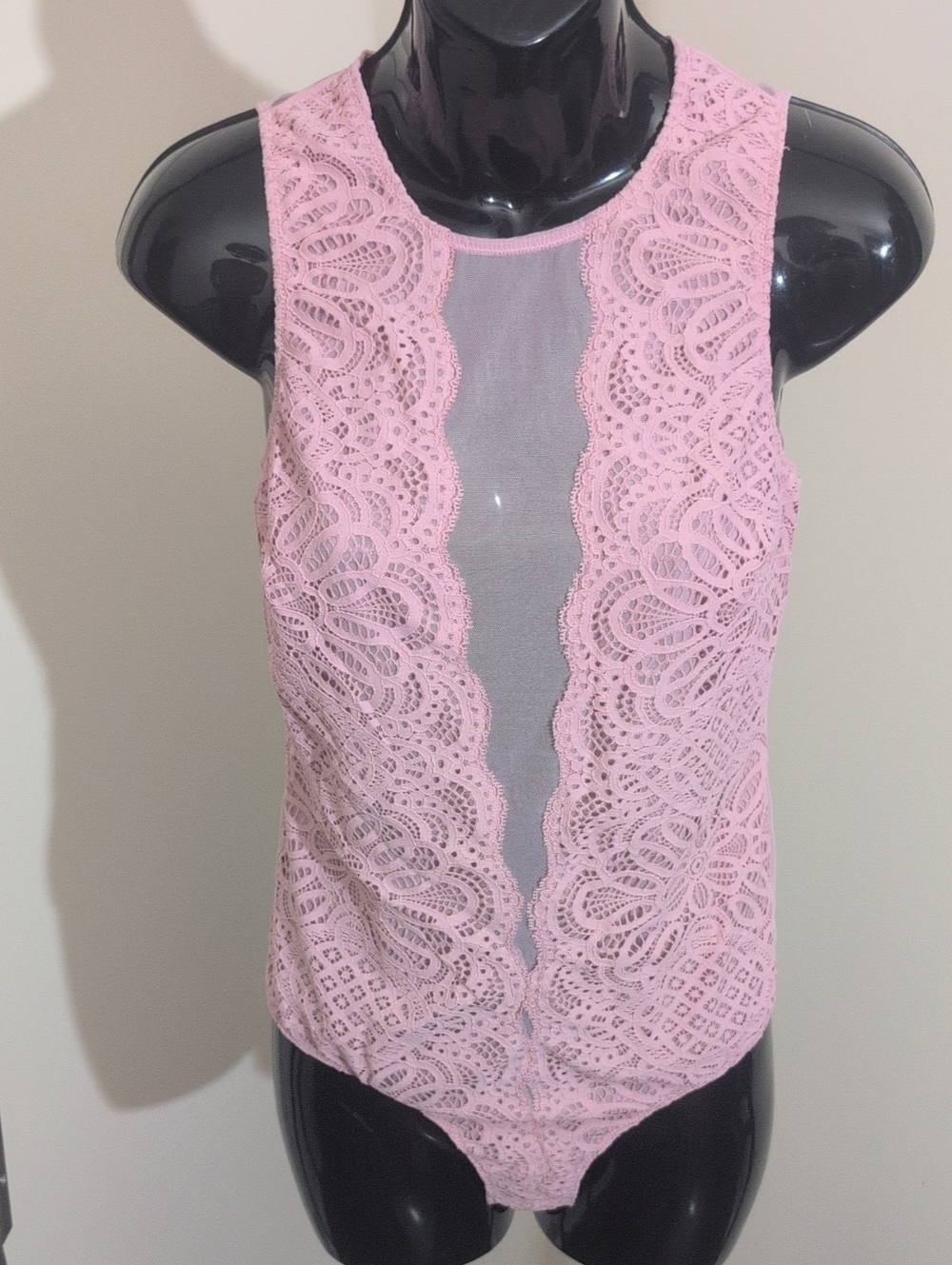 Lace Front Mesh Panel Pink Women's Bodysuit